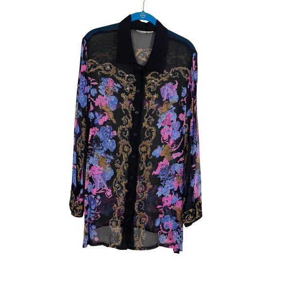 Vintage Top Women M Black Sheer Floral Sequin Glam Mature Cherubs Artsy Boho 70s - Picture 1 of 14